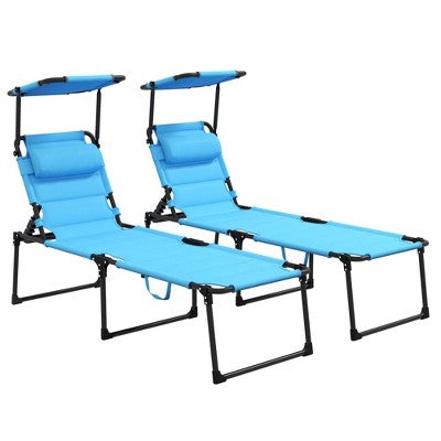  PAGED Folding Chaise Lounge Pool Chairs Adjustable Camping Chair With Canopy Shade Steel Frame And Side Pocket For Porch, Camping, Patio