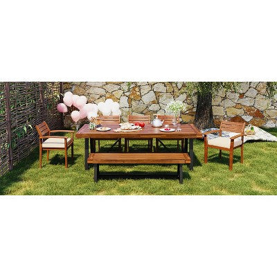  GO Outdoor Wood Dining Set For 7-8 Person, Outdoor Dining Furniture With Removable Cushions, Ergonomic Chairs And Bench, Thicker Table, Nature