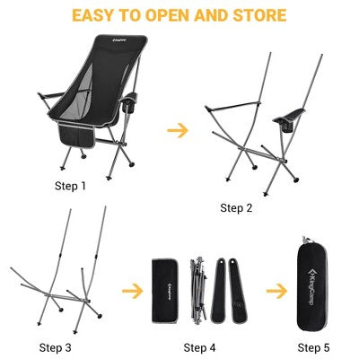  KingCamp Lightweight Padded Highback Folding Lounge Chair With Cupholder, Side Storage Pocket, And Carry Bag For Indoor Or Outdoors, Black/Grey