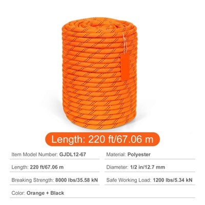  VEVOR Dual-Weave Polyester Cord, 1/2 Inch X 220 Feet, 48-Strand, 8000 LBS Tensile Strength, Multi-Use Outdoor Rope, Orange/Black