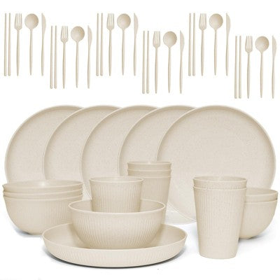  Itopfox Wheat Straw Dinnerware Sets - 42 Piece Unbreakable Plates, Bowls, Cups & Utensils For 6, Lightweight & Durable, Dishwasher & Microwave Safe