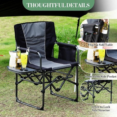  2 Pack Oversized Director's Camping Chairs, Heavy-Duty Folding With Side Table & Storage Pouch, 330 Lb Capacity, Beach, Picnic, Tailgating