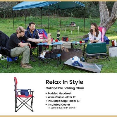  Arrowhead Outdoor Portable Folding Camping Quad Chair W/ 6-Can Cooler, Heavy-Duty Carrying Bag, Supports Up To 450lbs (American Flag)