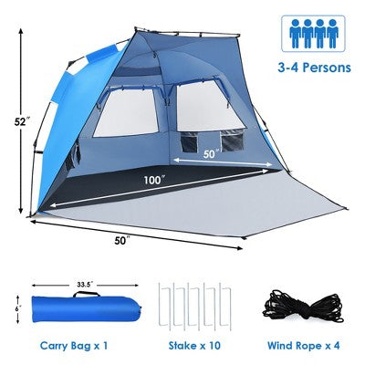  Costway 3-4 Person Easy Pop Up Beach Tent UPF 50Plus Portable Sun Shelter Orange/Blue