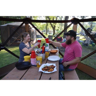  CLAM Quick-Set Escape 12 X 12 Foot Sky Screen Pop Up Camping Outdoor Gazebo 6 Sided Canopy Shelter + 6 Pack Of Wind And Sun Panels, Brown