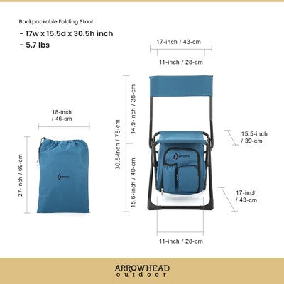  Arrowhead Outdoor Multi-Function 3-in-1 Compact Camp Chair: Backpack, Stool & Insulated Cooler, W/Bottle Holder & Storage Bag, Hiking (Ocean Blue)