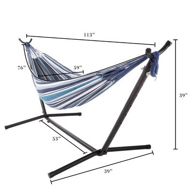  Hastings Home Double Brazilian Hammock With Height Adjustment Stand And Carrying Bag - 113" X 39", Blue/White
