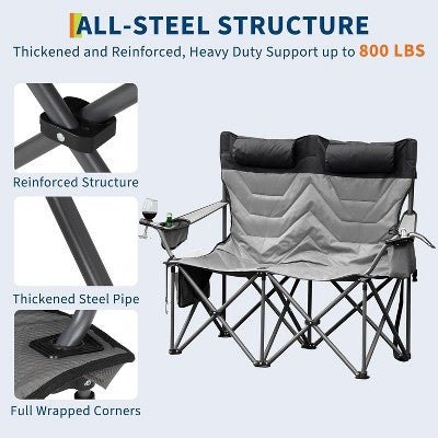  Oversized Double Folding Camping Chair,Heavy Duty Outdoor Padded Portable Chair For 2 Person With Cup Holder