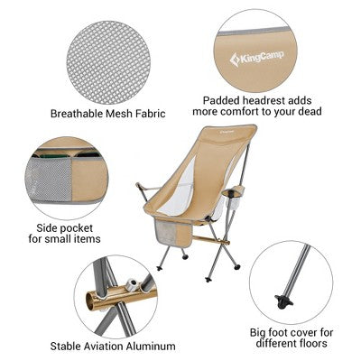  KingCamp Lightweight Padded Highback Folding Lounge Chair With Cupholder, Side Storage Pocket, And Carry Bag For Indoor Or Outdoors, Khaki