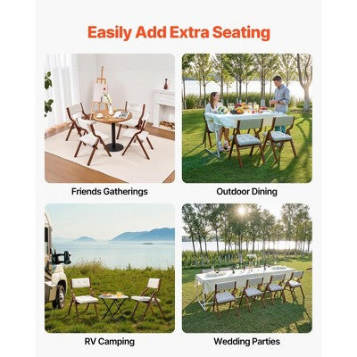  VEVOR Wooden Folding Chairs With Cushion, Set Of 2, Portable Foldable Cushion Chair With Wooden Frame, Modern Padded Dining Chair, White