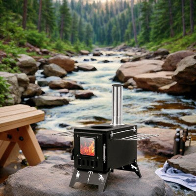  Fortune Candy 1 Set Folding Portable Wood Burning Tent Stove With Cooking Surface, Pipes And Spark Arrestor, For Camping, Hiking, Outdoor Courtyard