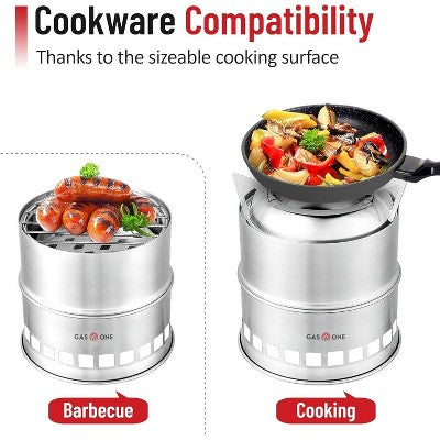  GasOne Wood Burning Camping Stove - Stainless Steel Portable Stove With Grill Grid For Picnic, BBQ, Camp, Hiking