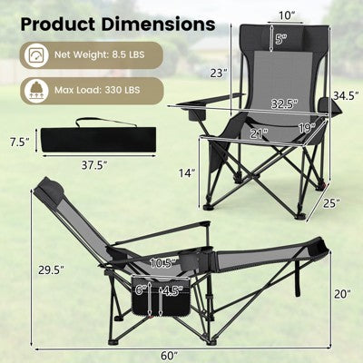  Tangkula 2PCS Camping Lounge Chair W/Detachable Footrest 4-position Backrest Carrying Bag