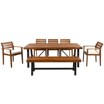  GO Outdoor Wood Dining Set For 7-8 Person, Outdoor Dining Furniture With Removable Cushions, Ergonomic Chairs And Bench, Thicker Table, Nature