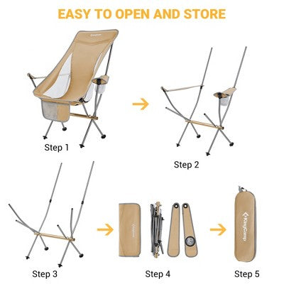  KingCamp Lightweight Padded Highback Folding Lounge Chair With Cupholder, Side Storage Pocket, And Carry Bag For Indoor Or Outdoors, Khaki