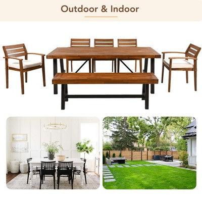  GO Outdoor Wood Dining Set For 7-8 Person, Outdoor Dining Furniture With Removable Cushions, Ergonomic Chairs And Bench, Thicker Table, Nature