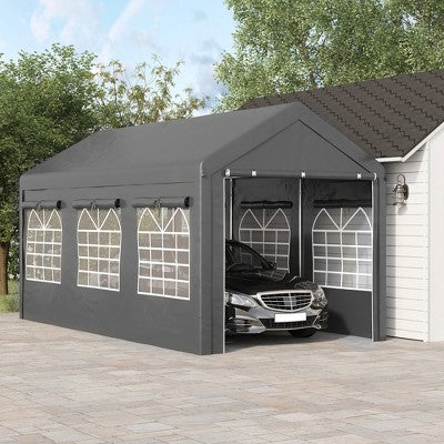  Outsunny 10' X 20' Carport & Party Tent, Height Adjustable Portable Garage With Mesh Windows For Parties, Wedding And Events