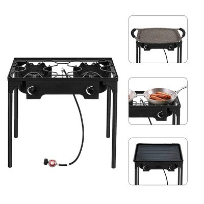  KTMBDW Outdoor Camp Stove High Pressure Propane Gas Cooker Portable Cast Iron Patio Cooking Burner (Double Burner 150000-BTU), Black