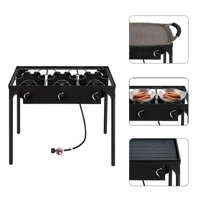 KTMBDW Outdoor Camp Stove High Pressure Propane Gas Cooker Portable Cast Iron Patio Cooking Burner (Three Burner 225000-BTU), Black