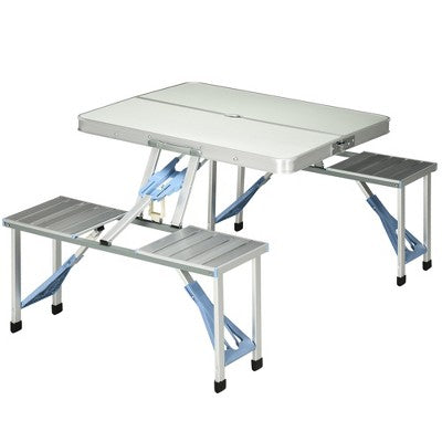  Outsunny Folding Aluminum Picnic Table Chair Set, 4-Seat Outdoor Furniture With Portable Suitcase, Umbrella Hole, Handle For Camping Dining BBQ
