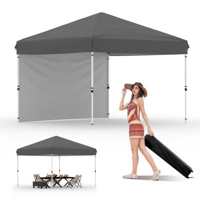  10x10 Heavy Duty Pop Up Canopy, One-Button Setup, Portable Roller Bag, Adjustable Height, Includes 1 Sidewall & 4 Weight Bags