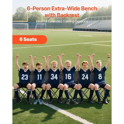 VEVOR Portable Folding Bench, 6 Seat Soccer Bench With Multiple Storage Pockets & Carrying Bag, Lightweight Sideline Seating With Back Rest, Black