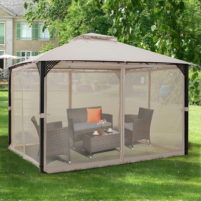  Costway 12' X 10' Outdoor Patio Gazebo Canopy Shelter Double Top Sidewalls Netting Brown\ Beige