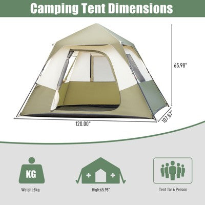  FURNIinspire Camping Tents 6 Person Camping Tent With Rainfly And Carry Bag For Hiking Outdoor, Easy To Assemble Tent, Green, 107.87"*120"*65.98"