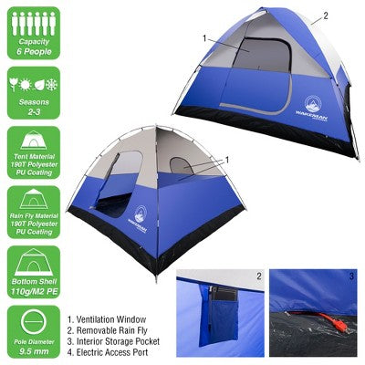  6-Person Family Camping Tent – Rebel Bay Water-Resistant Dome Shelter With Removable Rain Fly And Carry Bag – Camping Gear By Wakeman Outdoors (Blue)