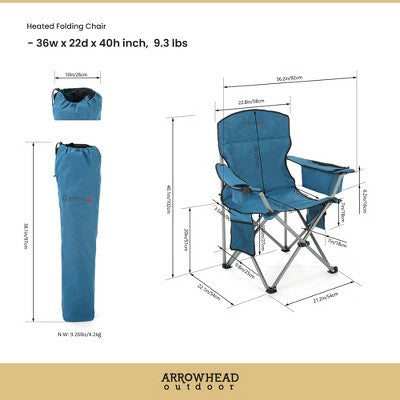  Arrowhead Outdoor Portable Heated Folding Camping Chair W/ 6-Can Cooler, 3 Heat Settings, Supports Up To 330lbs (Ocean Blue)