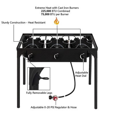  KTMBDW Outdoor Camp Stove High Pressure Propane Gas Cooker Portable Cast Iron Patio Cooking Burner (Three Burner 225000-BTU), Black