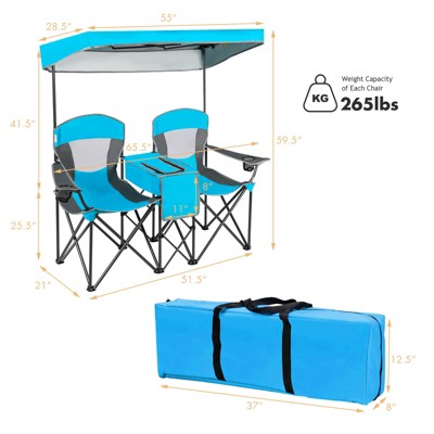  Gymax Double Folding Camping Chairs W/ Carrying Bag Outdoor 2-Seat Picnic Chair W/ Adjustable & Detachable Canopy Portable & Foldable Loveseat