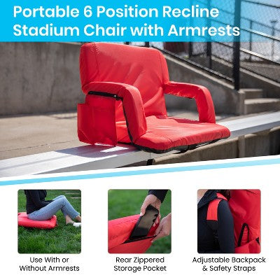  Emma And Oliver Extra Wide Portable Stadium Chair With Reclining Padded Back & Seat, Lightweight Metal Frame With Armrests & Backpack Straps