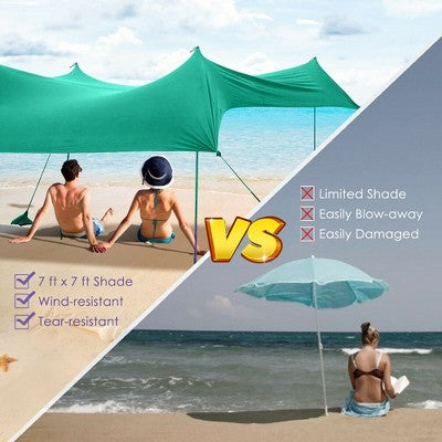  Costway Family Beach Tent Canopy W/ 4 Poles Sandbag Anchors 7'x7' UPF50+ Green