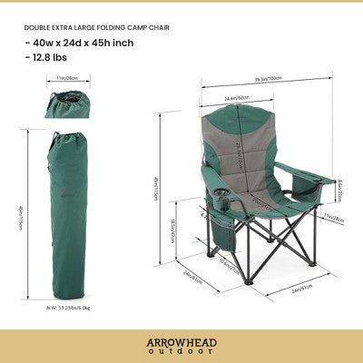  Arrowhead Outdoor XXL Folding Padded Camping Chair W/Cup & Wine Holder, Armrest Cooler, Support Up To 600 Lbs (Forest Green)