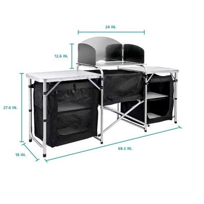  MPM 6' Aluminum Portable Fold-Up Camping Kitchen With Windscreen And 5 Enclosed Cupboards, Cook Station, For BBQ, Camping, Picnic, Backyard