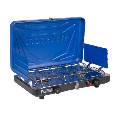  Stansport Double Burner Stove Piezo Ignition With Drip Pan Blue