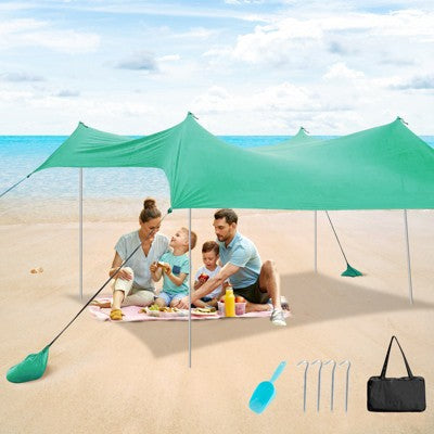  Costway Family Beach Tent Canopy W/4 Poles Sandbag Anchors 10'x9' UPF50+ Purple/Green/Blue