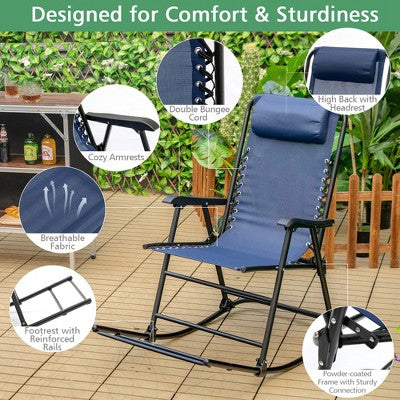  Costway Folding Zero Gravity Rocking Chair Rocker Porch Outdoor Patio Headrest Blue