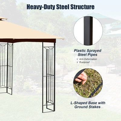  Tangkula 2-Tiers 10'x10' Outdoor Canopy Gazebo Heavy-Duty Steel Frame Party Patio Large Canopy L-Shaped Gazebo Beige/Grey