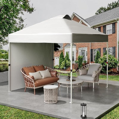  Acekool 10x10 Pop Up Canopy With Side Wall, Portable Sun Shelter With Wheeled Bag, Stakes, Ropes & Weight Bags For Outdoor Events, White