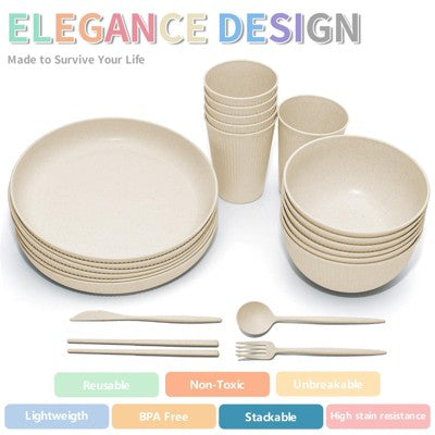  Itopfox Wheat Straw Dinnerware Sets - 42 Piece Unbreakable Plates, Bowls, Cups & Utensils For 6, Lightweight & Durable, Dishwasher & Microwave Safe