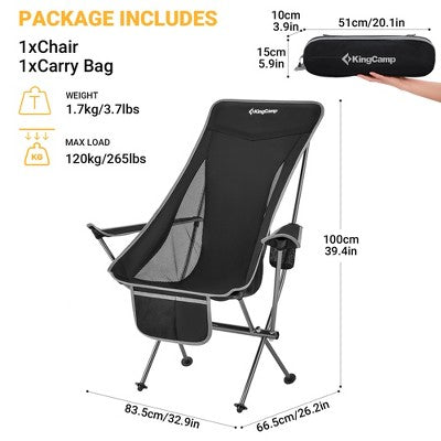 KingCamp Lightweight Padded Highback Folding Lounge Chair With Cupholder, Side Storage Pocket, And Carry Bag For Indoor Or Outdoors, Black/Grey