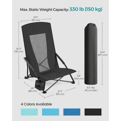  Portable Folding Beach Camping Chair With High Backrest, Cup Holder, Lightweight Heavy-Duty Design, Supports 330 Lbs,