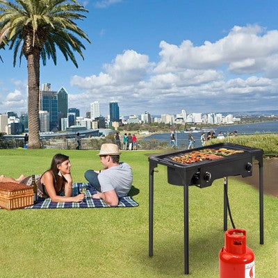  KTMBDW Outdoor Camp Stove High Pressure Propane Gas Cooker Portable Cast Iron Patio Cooking Burner (Double Burner 150000-BTU), Black