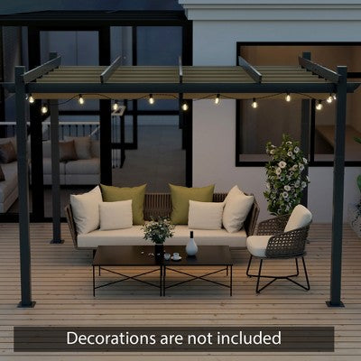  Costway 10x12ft Outdoor Aluminum Retractable Pergola Canopy Shelter Grape Trellis Beige/Gray