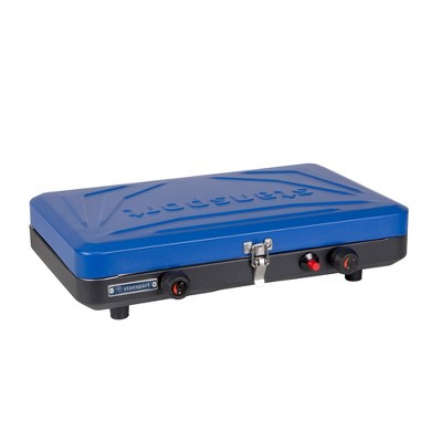  Stansport Double Burner Stove Piezo Ignition With Drip Pan Blue