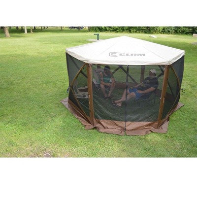  CLAM Quick-Set Escape 12 X 12 Foot Sky Screen Pop Up Camping Outdoor Gazebo 6 Sided Canopy Shelter + 6 Pack Of Wind And Sun Panels, Brown