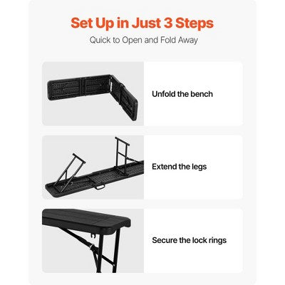  VEVOR Plastic Folding Bench, 6 Ft Portable Bench For Outdoor Picnic Party Camping Dining, Foldable Smooth HDPE Seat, Black