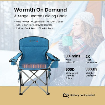  Arrowhead Outdoor Portable Heated Folding Camping Chair W/ 6-Can Cooler, 3 Heat Settings, Supports Up To 330lbs (Ocean Blue)